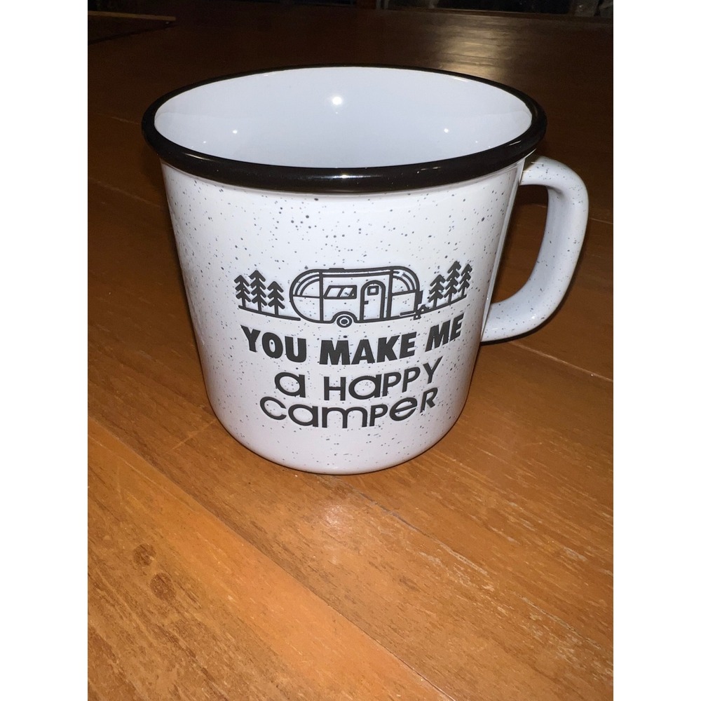 Member's Mark Happy Camper Coffee Mug White Speckled Ceramic‎ Campfire Style Mug